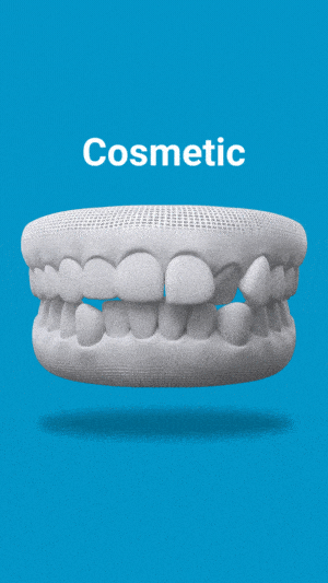 3D dental model showing teeth alignment with "Cosmetic" label on blue background
