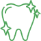 Green outline illustration of a tooth with a smiling face and crown, representing dental care.